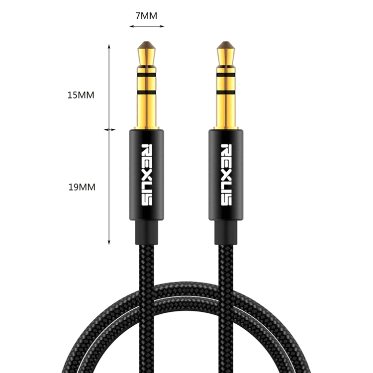 Cabo de Áudio AUX Estéreo REXLIS 3629 3.5mm Macho para Macho com Jack Dourado para Carro, para Dispositivos Digitais Padrão AUX 3.5mm, Comprimento: 1.8m