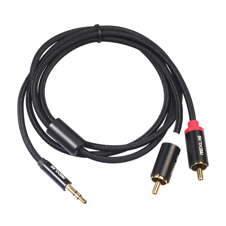 Cabo de Áudio REXLIS 3635 3.5mm Macho para RCA Duplo com Plugue Dourado, Cabo Trançado de Algodão Preto para Interface de Entrada RCA em Colunas Ativas, Comprimento: 1m