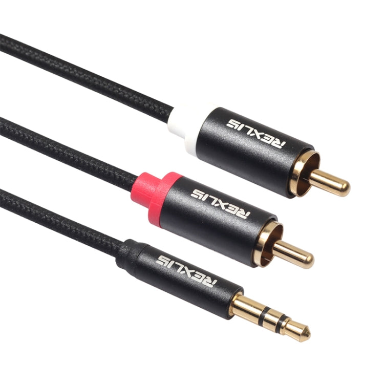 Cabo de Áudio REXLIS 3635 3.5mm Macho para RCA Duplo com Plugue Dourado, Cabo Trançado de Algodão Preto para Interface de Entrada RCA em Colunas Ativas, Comprimento: 1.8m