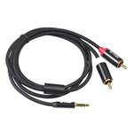Cabo de Áudio REXLIS 3635 3.5mm Macho para RCA Duplo com Plugue Dourado, Cabo Trançado de Algodão Preto para Interface de Entrada RCA em Colunas Ativas, Comprimento: 1.8m