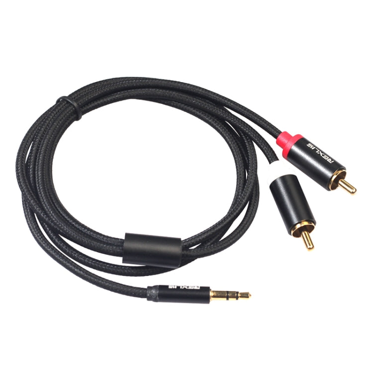 Cabo de Áudio REXLIS 3635 3.5mm Macho para RCA Duplo com Plugue Dourado, Cabo Trançado de Algodão Preto para Interface de Entrada RCA em Colunas Ativas, Comprimento: 1.8m