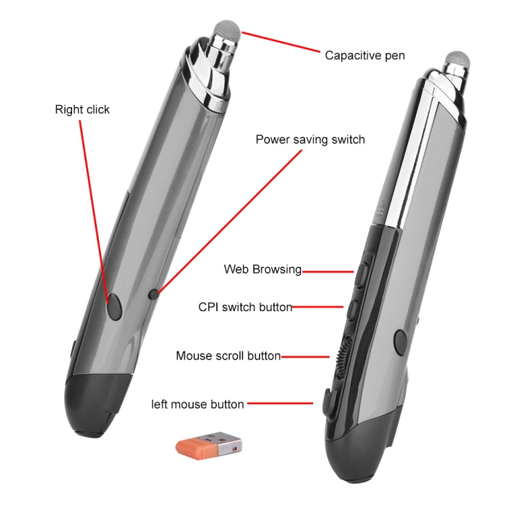 Rato ótico inteligente sem fios PR-08 com 6 teclas, função de caneta stylus e laser, Função laser Vermelho, Função laser Branco, Função laser Preto, Função laser Cinzento, Função laser Azul