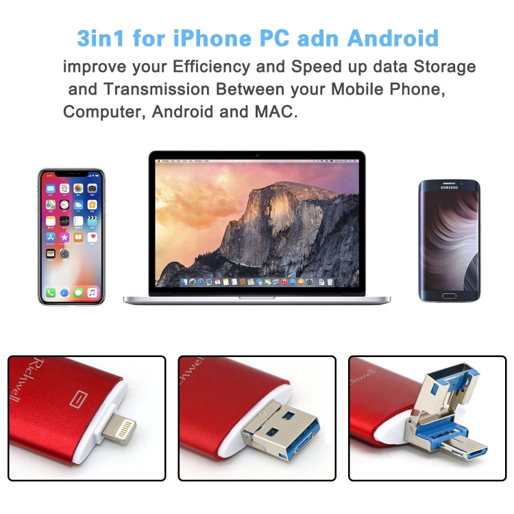 Pen Drive Richwell 3 em 1 32G Type-C + 8 Pinos + USB 3.0 com Dupla Tampa Metálica e Função OTG