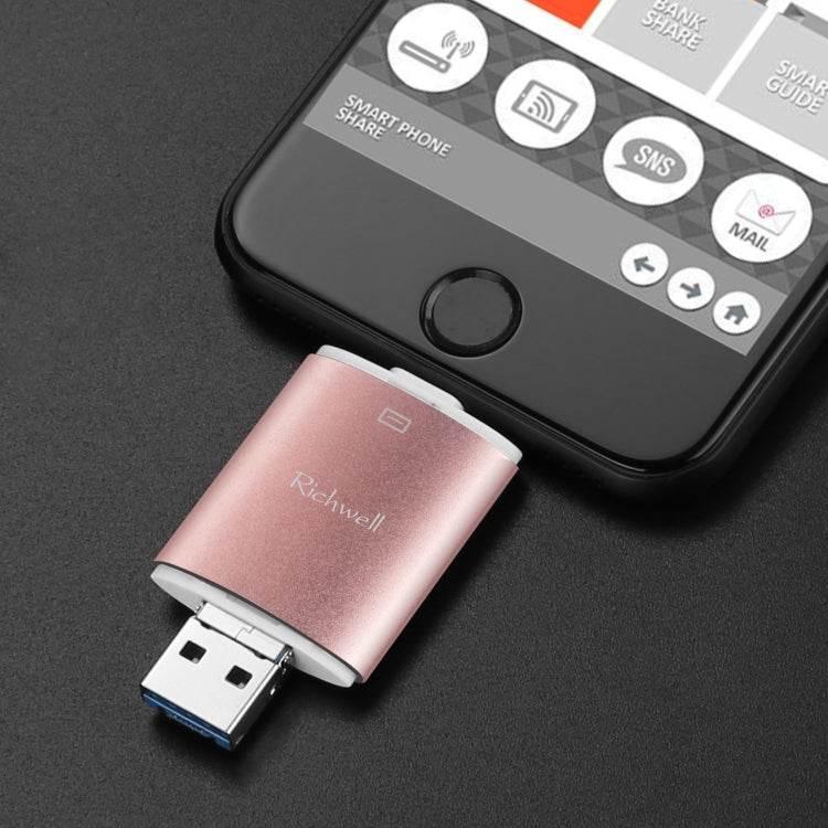 Pen Drive Richwell 3 em 1 32G Type-C + 8 Pinos + USB 3.0 com Dupla Tampa Metálica e Função OTG