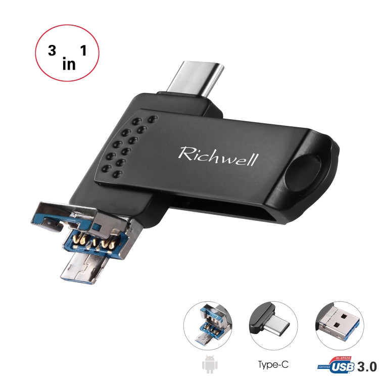Richwell 3 em 1 128G Type-C + Micro USB + USB 3.0 Pen Drive Metálico com Função OTG