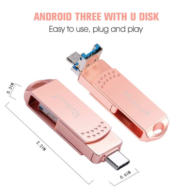 Richwell 3 em 1 128G Type-C + Micro USB + USB 3.0 Pen Drive Metálico com Função OTG