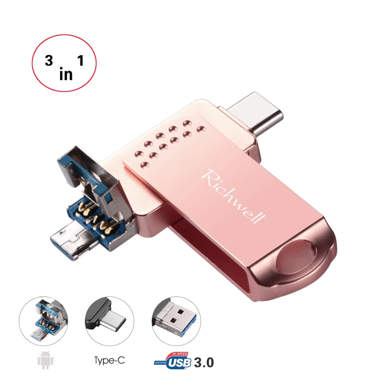 Richwell 3 em 1 128G Type-C + Micro USB + USB 3.0 Pen Drive Metálico com Função OTG