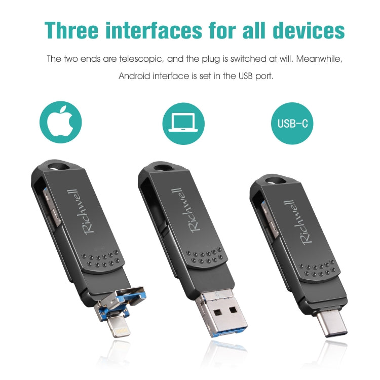 Richwell 64G Type-C + 8 Pinos + USB 3.0 Pen Drive Metálico com Função OTG