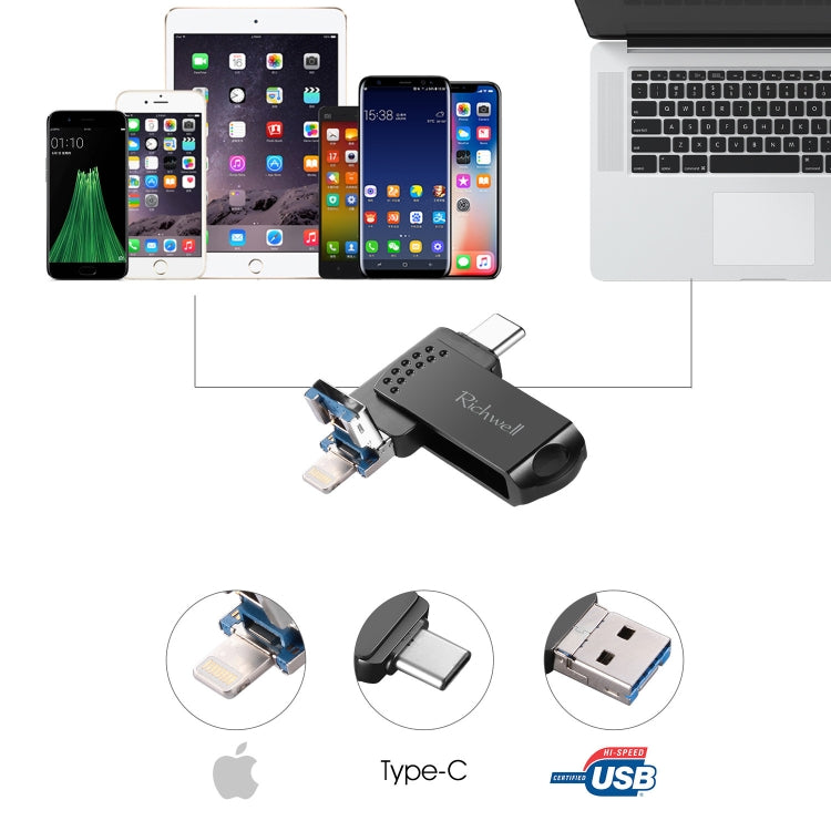 Richwell 64G Type-C + 8 Pinos + USB 3.0 Pen Drive Metálico com Função OTG