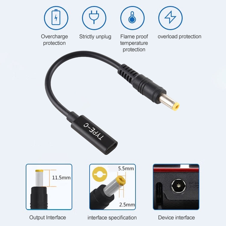 Cabo adaptador de carregador de energia DP USB-C / Type-C para 5.5 x 2.5mm, 5.5 x 2.5mm