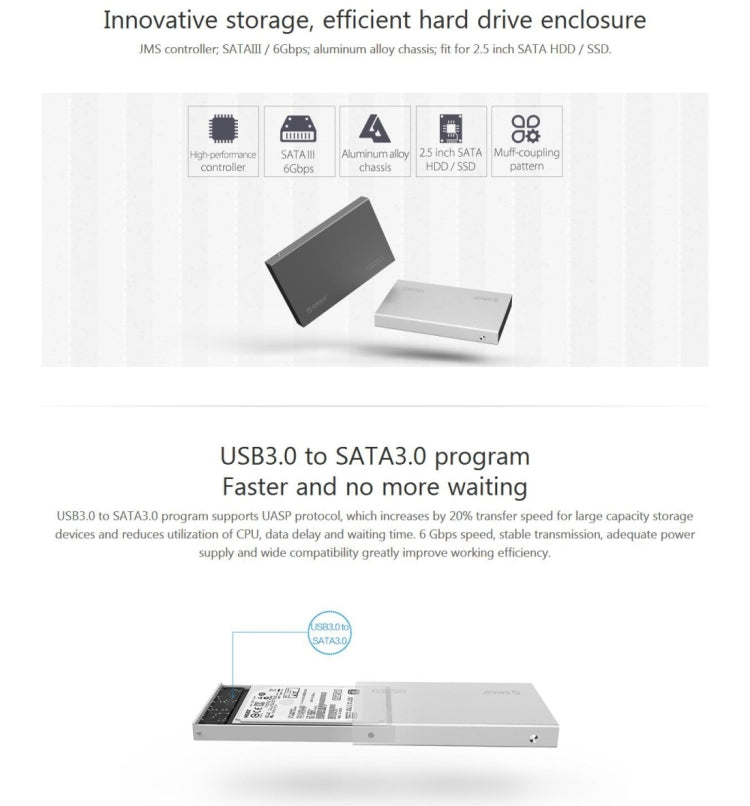 ORICO 2518S3 Caixa Externa para Disco Rígido USB3.0 para HDD / SSD SATA 2.5 polegadas de 7mm & 9.5mm