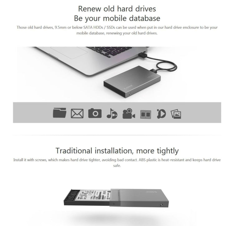 ORICO 2518S3 Caixa Externa para Disco Rígido USB3.0 para HDD / SSD SATA 2.5 polegadas de 7mm & 9.5mm