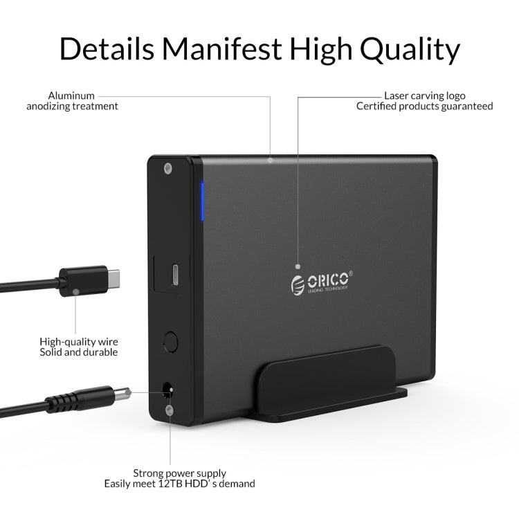 ORICO 7688C3 Caixa Externa para Disco Rígido Móvel USB-C / Tipo-C de 8TB e 3,5 polegadas com Base Destacável, Comprimento do Cabo: 1m