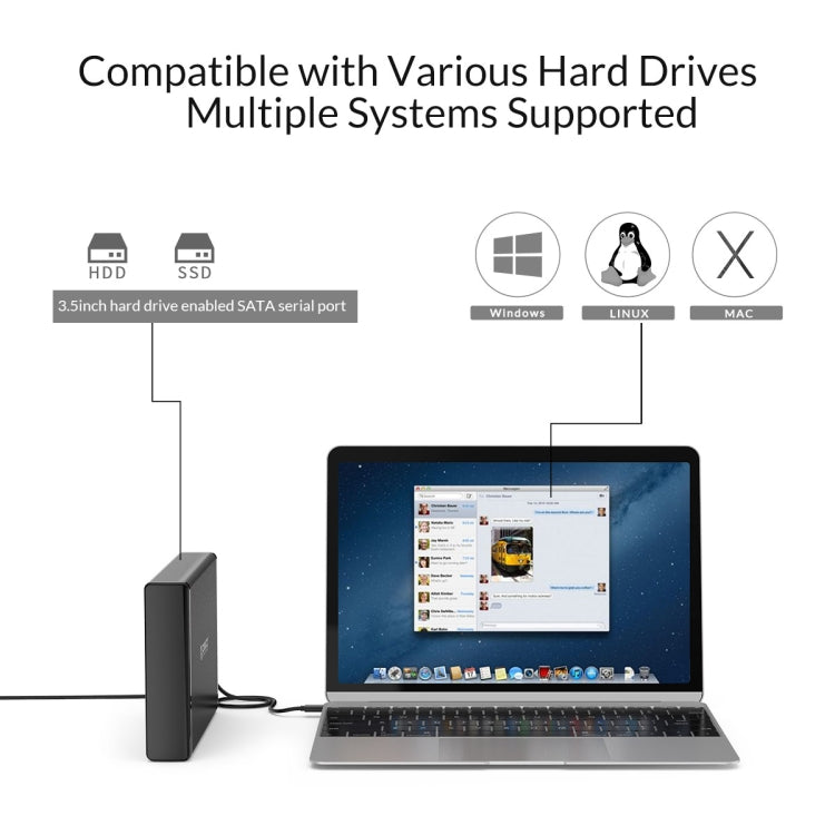 ORICO 7688C3 Caixa Externa para Disco Rígido Móvel USB-C / Tipo-C de 8TB e 3,5 polegadas com Base Destacável, Comprimento do Cabo: 1m