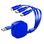 Cabo de Carregamento Retrátil 3 em 1 USB para USB-C / Type-C + 8 Pinos + Micro USB, 1,2m 3,5A Máx