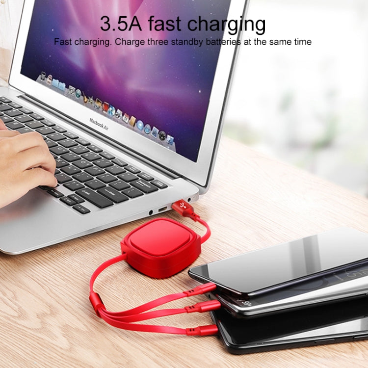 Cabo de Carregamento Retrátil 3 em 1 USB para USB-C / Type-C + 8 Pinos + Micro USB, 1,2m 3,5A Máx