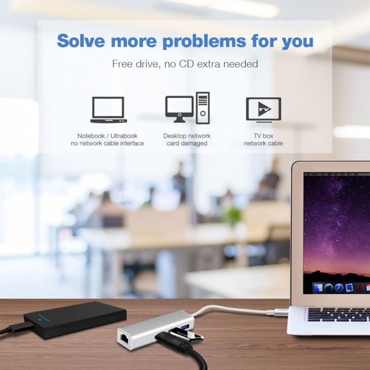 Hub com Caixa de Alumínio com 3 Portas USB3.0 + Adaptador Ethernet Gigabit USB-C / Tipo-C, USB Tipo-C 1000Mbps
