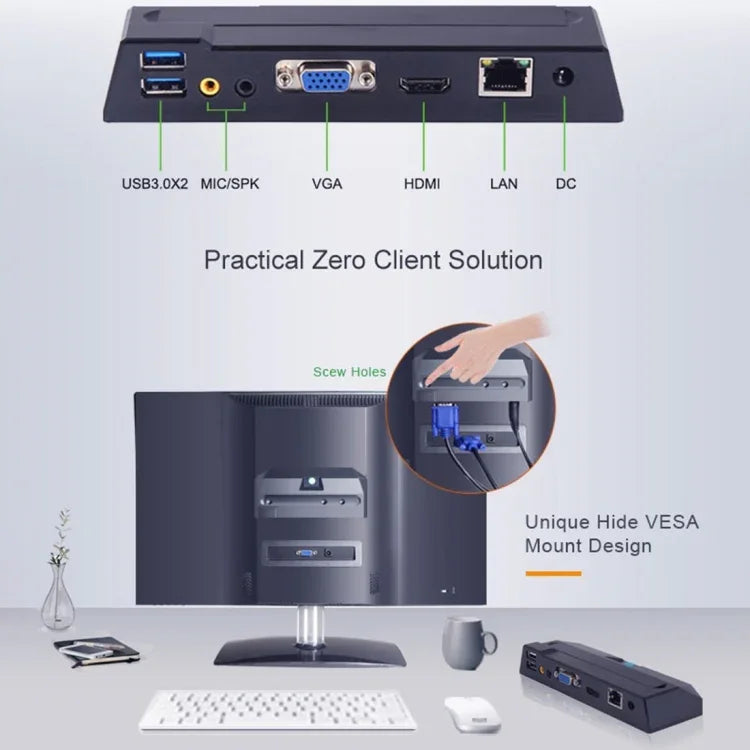 Zero Client R1W Mini PC, CORTEX QUAD A9 Quad Core até 1.6GHz, RAM: 1GB, ROM: 8GB, Suporte WiFi, HDMI, VGA, RJ45, SPK, Versão WiFi