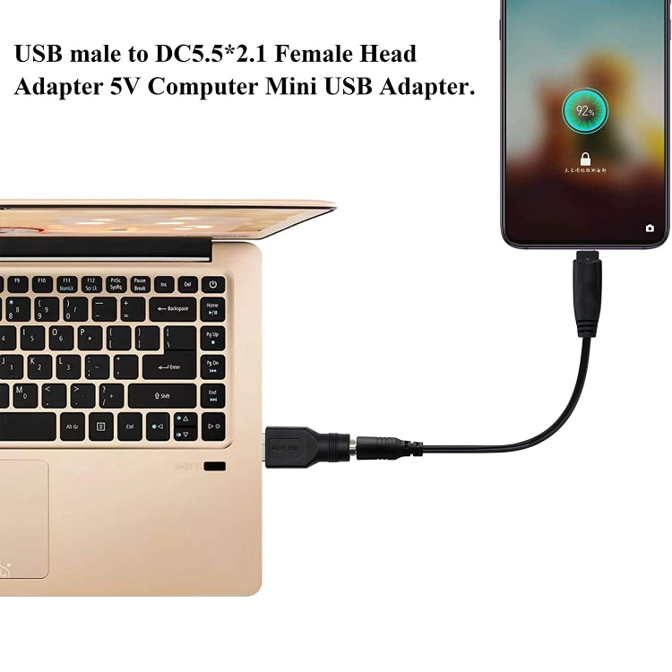 Adaptador Conector USB Macho para Plug Fêmea 5.5 x 2.1mm, USB Macho para 5.5 x 2.1mm