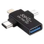 Adaptador multifuncional OTG 3 em 1 USB 3.0 para 8 pinos + Micro USB + USB-C / Type-C