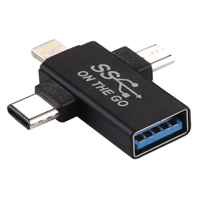 Adaptador multifuncional OTG 3 em 1 USB 3.0 para 8 pinos + Micro USB + USB-C / Type-C