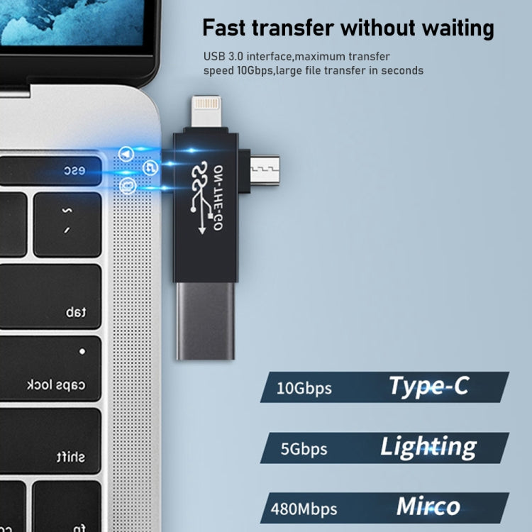 Adaptador multifuncional OTG 3 em 1 USB 3.0 para 8 pinos + Micro USB + USB-C / Type-C