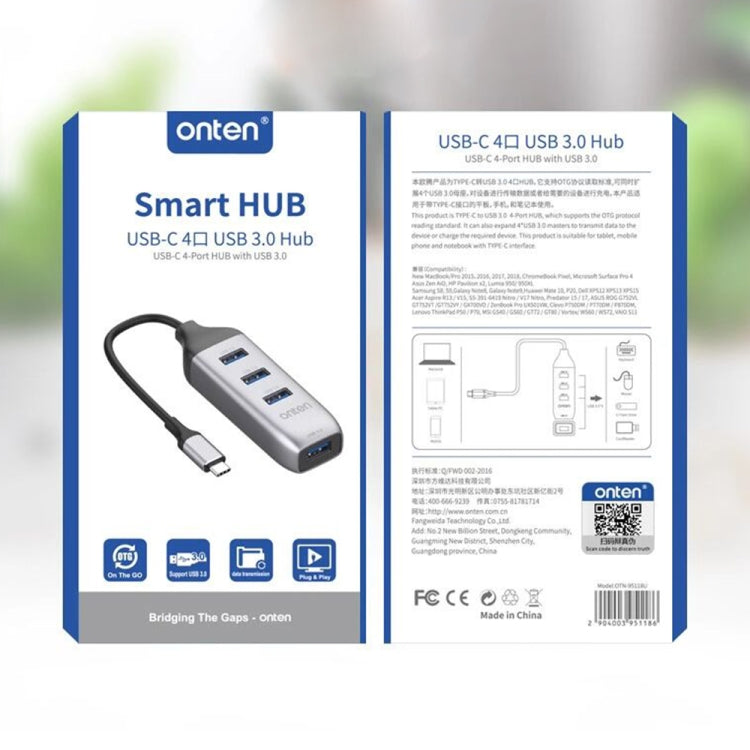Onten 95118U HUB Multifuncional Conversor Docking Station USB-C / Tipo-C para 4 Portas USB 3.0 4 em 1, 95118U