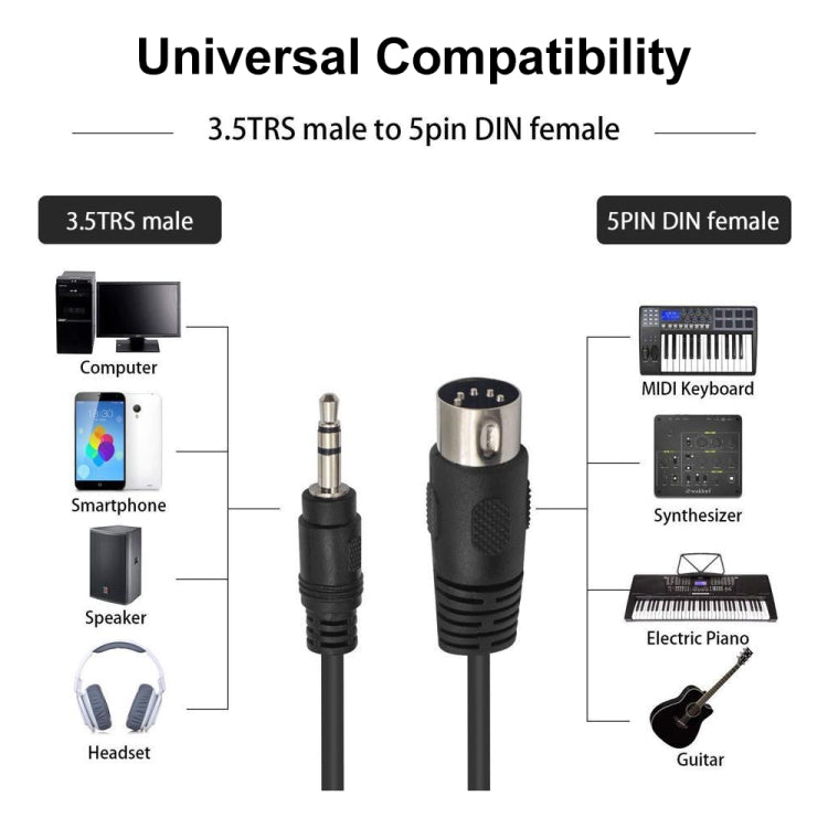 Cabo Adaptador de Áudio Jack Estéreo 3.5mm para Plugue MIDI Din 5 Pinos, Comprimento do Cabo: 1.5m