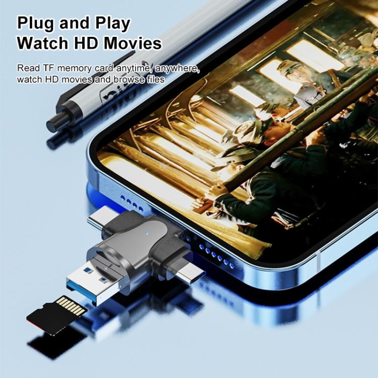 Leitor de Cartões 4 em 1 8 Pinos + USB-C / Tipo-C + Micro USB + USB 3.0 Macho, 4 em 1
