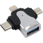 Adaptador 3 em 1 Macho 8 Pinos + USB-C / Tipo-C + Micro USB para Fêmea USB 3.0 Liga de Zinco