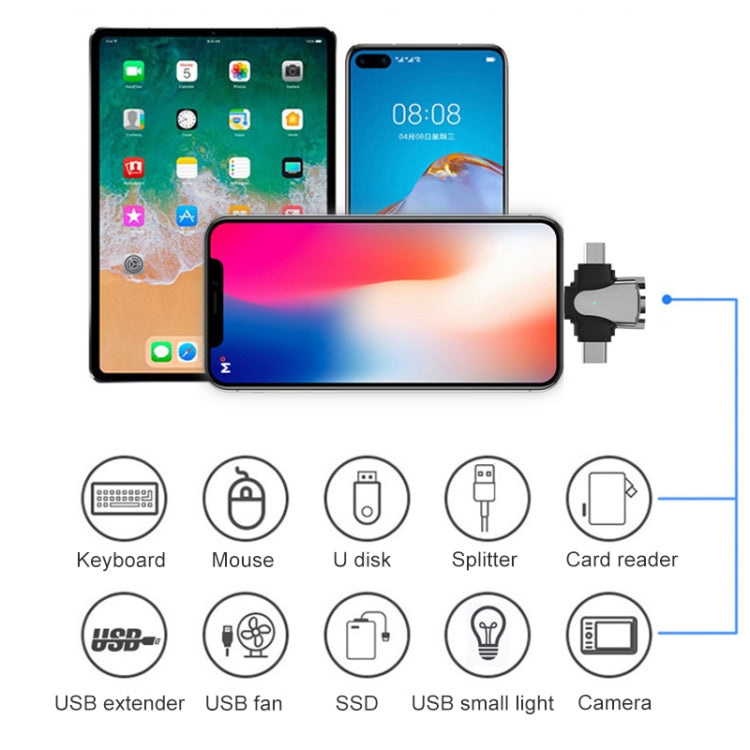 Adaptador 3 em 1 Macho 8 Pinos + USB-C / Tipo-C + Micro USB para Fêmea USB 3.0 Liga de Zinco