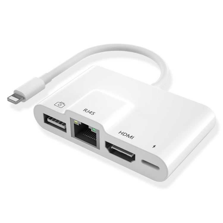 Adaptador Digital AV OTG 4 em 1 Macho 8 Pinos para Energia 8 Pinos + RJ45 Ethernet + HDMI + Câmara USB Fêmea, RJ45 Ethernet