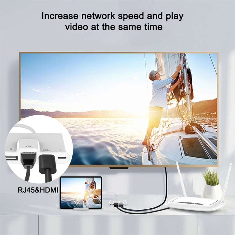 Adaptador Digital AV OTG 4 em 1 Macho 8 Pinos para Energia 8 Pinos + RJ45 Ethernet + HDMI + Câmara USB Fêmea, RJ45 Ethernet