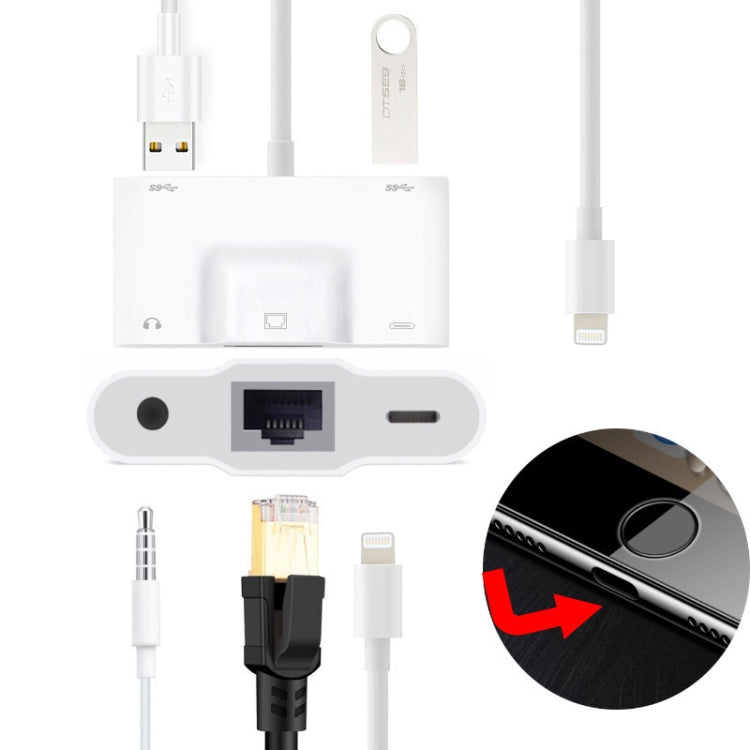 NK-1033 Adaptador 5 em 1 Macho 8 Pinos para Duplo USB + AUX 3,5mm + Ethernet + Energia 8 Pinos Fêmea, NK-1033