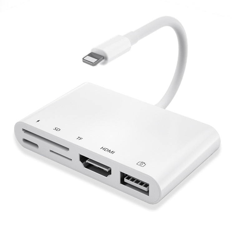 Adaptador Digital AV OTG 5 em 1 Macho 8 Pinos para USB + HDMI + Slot para Cartão TF / SD + Energia 8 Pinos Fêmea, Slot para Cartão TF / SD