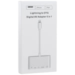 Adaptador Digital AV OTG 5 em 1 Macho 8 Pinos para USB + HDMI + Slot para Cartão TF / SD + Energia 8 Pinos Fêmea, Slot para Cartão TF / SD