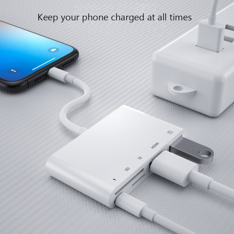 Adaptador Digital AV OTG 5 em 1 Macho 8 Pinos para USB + HDMI + Slot para Cartão TF / SD + Energia 8 Pinos Fêmea, Slot para Cartão TF / SD