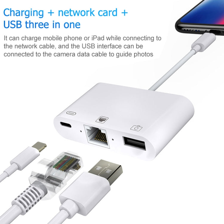Cabo Conversor Digital de Vídeo OTG NK-107 3 em 1 Ethernet + USB + 8 Pinos Portas Fêmea de Carregamento para 8 Pinos Macho