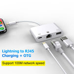 Cabo Conversor Digital de Vídeo OTG NK-107 3 em 1 Ethernet + USB + 8 Pinos Portas Fêmea de Carregamento para 8 Pinos Macho