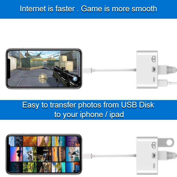 Cabo Conversor Digital de Vídeo OTG NK-107 3 em 1 Ethernet + USB + 8 Pinos Portas Fêmea de Carregamento para 8 Pinos Macho