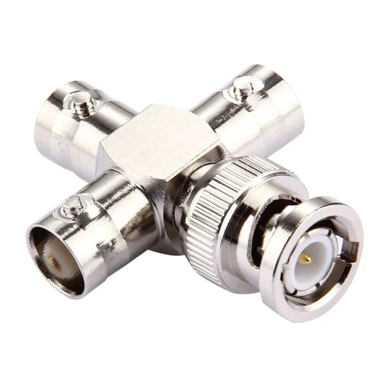 BNC male to female connector, durable metal cross type, ideal for antennas and telecom applications.