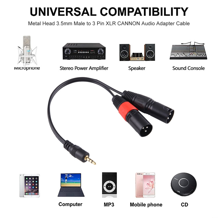 Cabo Adaptador de Áudio com Conector Macho 3.5mm e Macho XLR CANNON 3 Pinos, Cabeça Metálica 30cm, Macho 3.5mm
