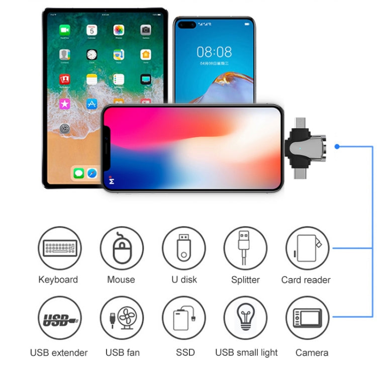 Adaptador OTG 3 em 1, USB para Type-C / Micro USB / 8 pinos