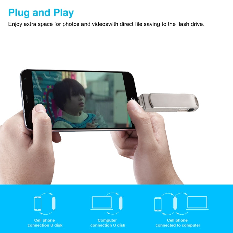 Pen Drive Rotativo Metálico Richwell 3 em 1 16G Micro USB + 8 Pinos + USB 3.0 com Função OTG, 16G