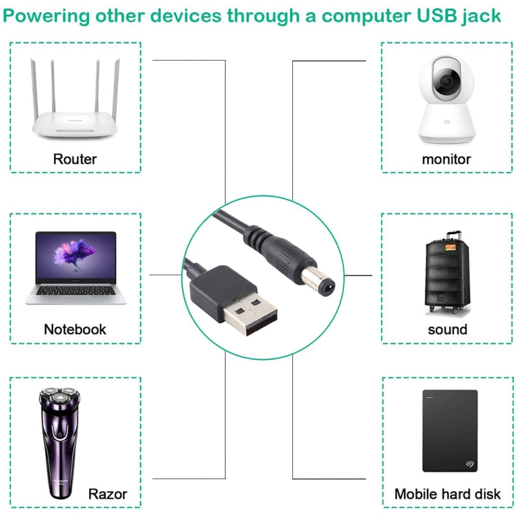 Cabo de Alimentação USB 3A para Plug DC 5,5 x 2,1mm, Comprimento: 1m, USB para DC 5,5x2,1mm