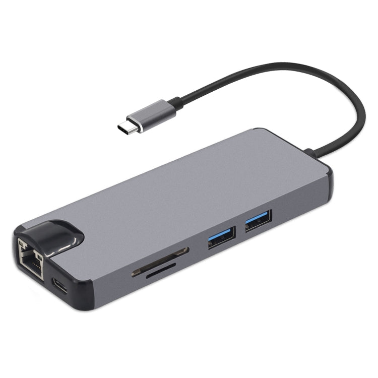 Adaptador 8 em 1 Tipo-C para HDMI + USB 3.0 + USB 3.0 + Tipo-C + LAN + VGA + Leitor de Cartões TF/SD