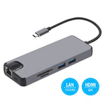 Adaptador 8 em 1 Tipo-C para HDMI + USB 3.0 + USB 3.0 + Tipo-C + LAN + VGA + Leitor de Cartões TF/SD