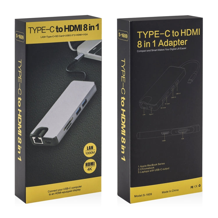 Adaptador 8 em 1 Tipo-C para HDMI + USB 3.0 + USB 3.0 + Tipo-C + LAN + VGA + Leitor de Cartões TF/SD