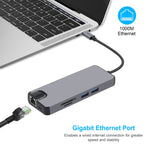 Adaptador 8 em 1 Tipo-C para HDMI + USB 3.0 + USB 3.0 + Tipo-C + LAN + VGA + Leitor de Cartões TF/SD