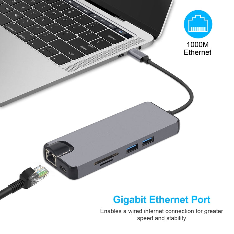 Adaptador 8 em 1 Tipo-C para HDMI + USB 3.0 + USB 3.0 + Tipo-C + LAN + VGA + Leitor de Cartões TF/SD
